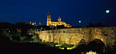 Puente Romano Roman bridge and cathedral at night, Salamanca, Castilla Leon, Spain