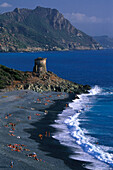 Beach, watchtower, Nonza, Cap Corse, Corsica, France