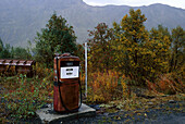 Petrol pump in lonesome landscape, Lofoten, Norway, Europe