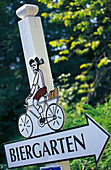 Biergarten Sign Post, Arrow-shaped beer garden sign, Bavaria, Germany