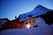 Appartment House at dawn, Gorfenspitze in the background, Appartment Futschoel, Galtuer, Tyrol, Austria