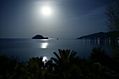 View from Balcony of Hotel gloria Maris, Porto Ko, over bay of Laganas, Moonlight over Marathonissi Island Porto Koukla, Zakynthos Island, Ionian Islands, Greece