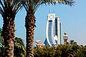 Palm tree and Jumeirah Beach hotel in the sunlight, Dubai, UAE, United Arab Emirates, Middle East, Asia