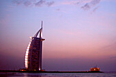 Burj al Arab hotel at dusk, Dubai, UAE, United Arab Emirates, Middle East, Asia