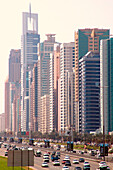 Cars on a highway and high rise buildings, Sheik Zayed Road, Dubai, UAE, United Arab Emirates, Middle East, Asia