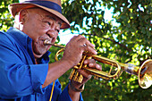 Alter Mann spielt Trompete, Kapstadt, Südafrika, Afrika