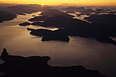 Aerial view of Marlborough Sounds at sunset, New Zealand, Oceania