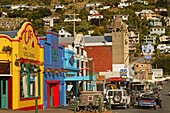 Colourful facades of cafes in London Street, Lyttelton, Banks peninsula, South Island, New Zealand, Oceania