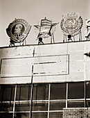 Soviet symbols on machine factory, Moscow Russia