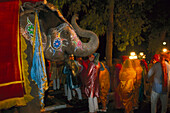 Indische Hochzeitsfeier von Touristen mit Elefant, Jai Mahal Palace Hotel, Jaipur, Indien