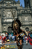 Actec dancers in front of the cathedral, Mexico City, Mexico, America