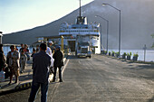 People in front of the ferry at Topolobampo, Sonora, Mexico, America