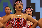 Woman wearing traditinal clothes, Maori Arts Festival, Rotorua, North Island, New Zealand
