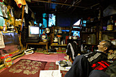 Homeless, living boxes in Tokyo, Japan, Homeless Community below Metropolitan Government Tower, Shinjuku Park, View inside of a relatively comfortable living space, Shinjuku Park Obdachlose, notdürftige Schutzbauten, Pappkarton-Architektur, Plastikplanen,