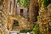 Lane with steps and flowers, Monemvasia, Lakonia, Peloponnese, Greece