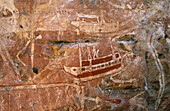 Aboriginal art site, kontakt-period, Australien, Northern Territory, Aboriginal rock art galleries, Davidson Arnhemland Safaris, Mount Borradaile, contact period, painting of an early boat