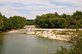 Swimming in river Isar at Flaucher, Munich, German, Flaucher, Baden an der Isar, München, Deutschland Swimming in river Isar at Flaucher, Germany