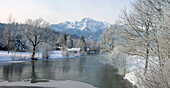 Winterlandschaft entlang der Loisach, Oberbayern, Bayern, Deutschland