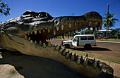 Statue of a 8.6 metre saltwater crocodile, once caught in Normanton, Maltilda Highway, Queensland, Australia