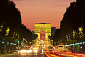 Triumphal arch and Champs Elysees in the evening, Paris, France, Europe