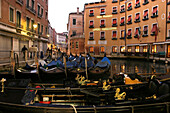 Gondolas in front of Hotel Cavalletto in Venice, Italy