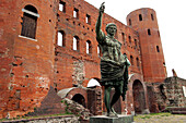 Porta Palatina and statue of Julius Caesar, Turin, Piemonte, Italy