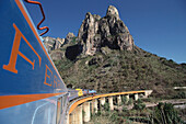 Train 'El Pacifico' under blue sky, Mexico, America