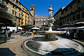 Mercato vecchio, old market with fountain under blue sky, Verona, Veneto, Italy, Europe