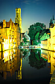 Rosenhoedkai, view at the tower Belfried at dawn, Bruges, Flanders, Belgium, Europe