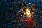 Frost pattern on window, candlelight