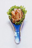 Asian soup spoon with appetizer, Blue Elephant, Restaurant & Cooking School, Bangkok, Thailand