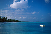 Boat off palm beach in the sunlight, Four Seasons Resort, Kuda Hurra, Maledives, Indian Ocean