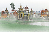 Graveyard with graves in the fog at northern Vietnam, Vietnam, Asia