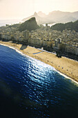 Aerial view of Copacabana beach with Corcovado, Rio de Janeiro, Brazil, South America, America