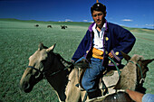 Mongolischer Pferdehüter, Gobi Steppe, Mongolei, Asien