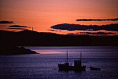 Fishing boat at sunset, Lofoten Islands, Norway Scandinavia