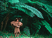 Atayal tribesman in traditional raincoat near Sun-Moon-Lake, Nantou County, Taiwan