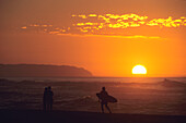 Couple & Surfer at Sunset, Barking Sands Beach, Polihale State Park, Kauai, Hawaii, USA