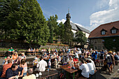 Beer Garden at Kreuzberg Abbey, Kloster Kreuzberg, near Bischofsheim, Rhoen, Bavaria, Germany