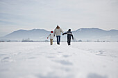 Mother with two children hand in hand on snow