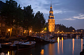 Montelbaanstoren, Watch Tower, Rosario Restaurant and Montelbaanstoren, watch tower at Oude Schans by night, Amsterdam, Holland, Netherlands
