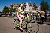 Cyclist, Keizersgracht, Woman cycling along Keizersgracht, blurred, Amsterdam, Holland, Netherlands