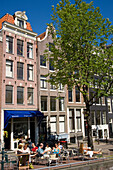 Cafe, Houses, Singel Gracht, People sitting in open air cafe at a sunny day, Singel Gracht, Amsterdam, Holland, Netherlands
