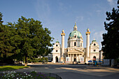 View over the Karlsplatz with basin to the Karlskirche, Vienna, Austria