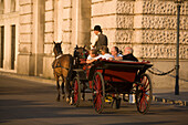 Fiaker passsing Neue Hofburg during a city tour, Vienna, Austria