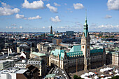 Aerial view of city center with town hall, Hamburg, Germany