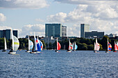 A lot of sailingboats on lake Alster, A lot of sailingboats on lake Alster, Hamburg, Germany
