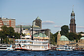 Paddlesteamer and St. Michaelis, Paddlesteamer at harbour and St. Michaelis, called Michel, in background, Hamburg, Germany