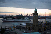 Sankt Pauli Landungsbruecken and harbour, View over tower at Landungsbruecken to dockyardwith cranes, Sankt Pauli, Hamburg, Germany
