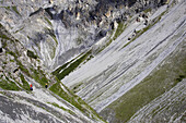 Two hikers on a remote path in the mountains, Val Mueschauns, Fuorcla Val Sassa, Swiss Nationalpark, Engadin, Graubuenden, Grisons, Switzerland, Alps